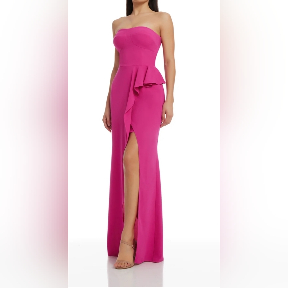 Dress the Population Strapless Fuchsia Peplum Gown